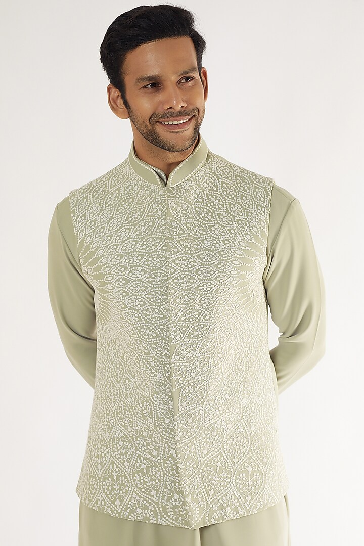 Light Pista Green Boomario Embroidered Bundi Jacket Set by AVEGA at Pernia's Pop Up Shop