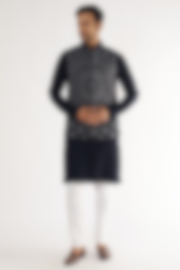 Navy Blue Boomario Embroidered Bundi Jacket Set by AVEGA at Pernia's Pop Up Shop