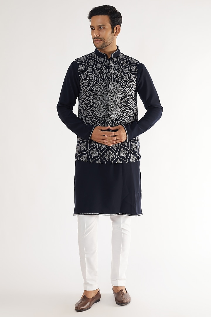 Navy Blue Boomario Embroidered Bundi Jacket Set by AVEGA at Pernia's Pop Up Shop