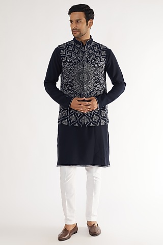 Navy Blue Boomario Embroidered Bundi Jacket Set by AVEGA