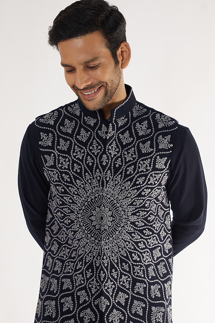 Navy Blue Boomario Embroidered Bundi Jacket Set by AVEGA at Pernia's Pop Up Shop