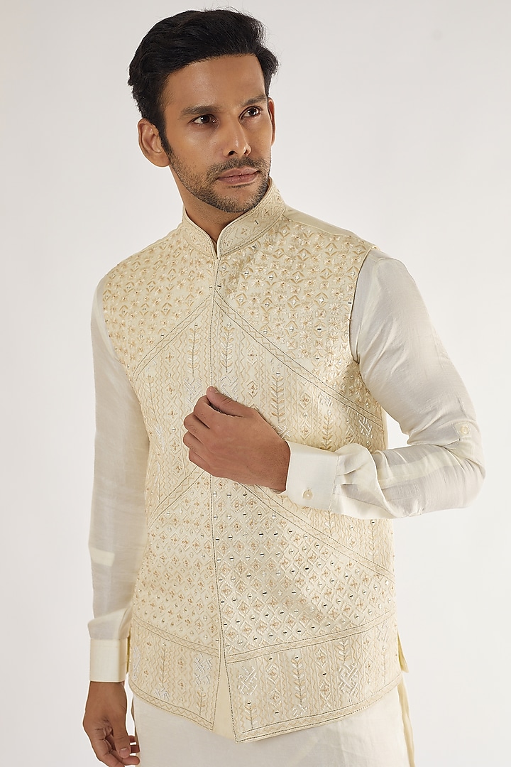 Cream Artificial Silk Embroidered Bundi Jacket Set by AVEGA at Pernia's Pop Up Shop