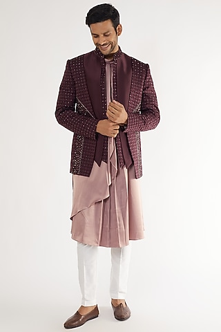 Maroon Jacquard Embroidered Open Jodhpuri Set by AVEGA