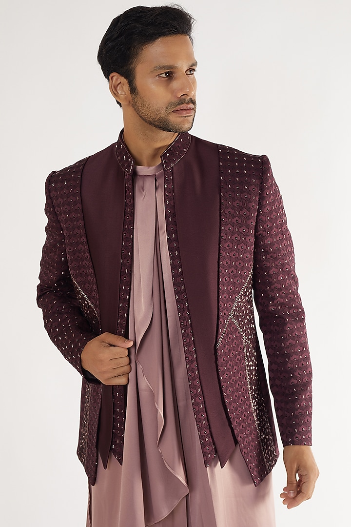 Maroon Jacquard Embroidered Open Jodhpuri Set by AVEGA at Pernia's Pop Up Shop