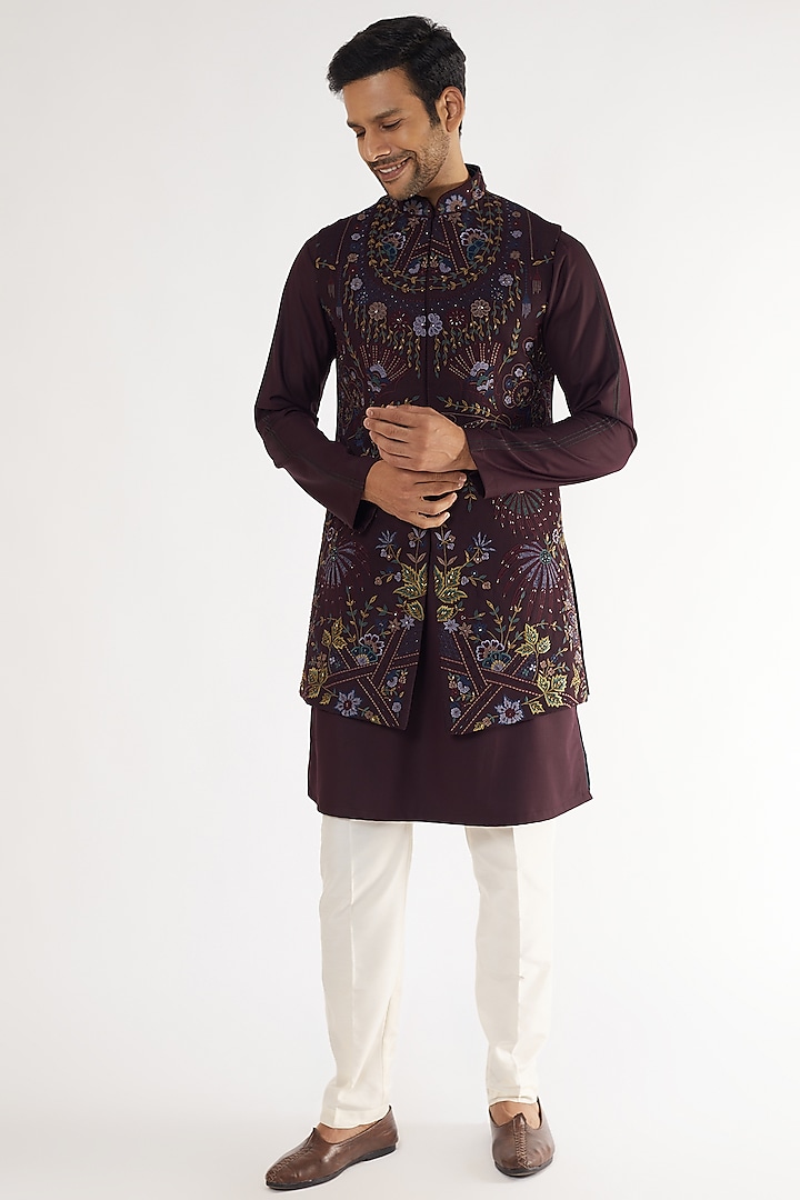 Wine Fancy Fabric Embroidered Bundi Jacket Set by AVEGA at Pernia's Pop Up Shop