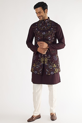 Wine Fancy Fabric Embroidered Bundi Jacket Set by AVEGA
