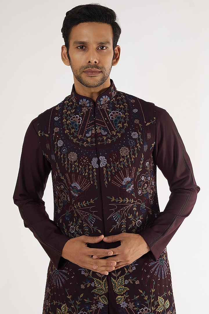 Wine Fancy Fabric Embroidered Bundi Jacket Set by AVEGA at Pernia's Pop Up Shop