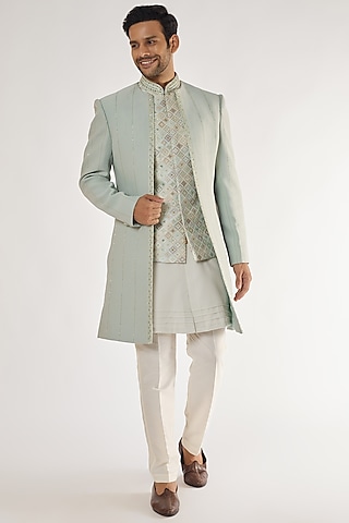 Green Blended Embroidered Indowestern Set by AVEGA