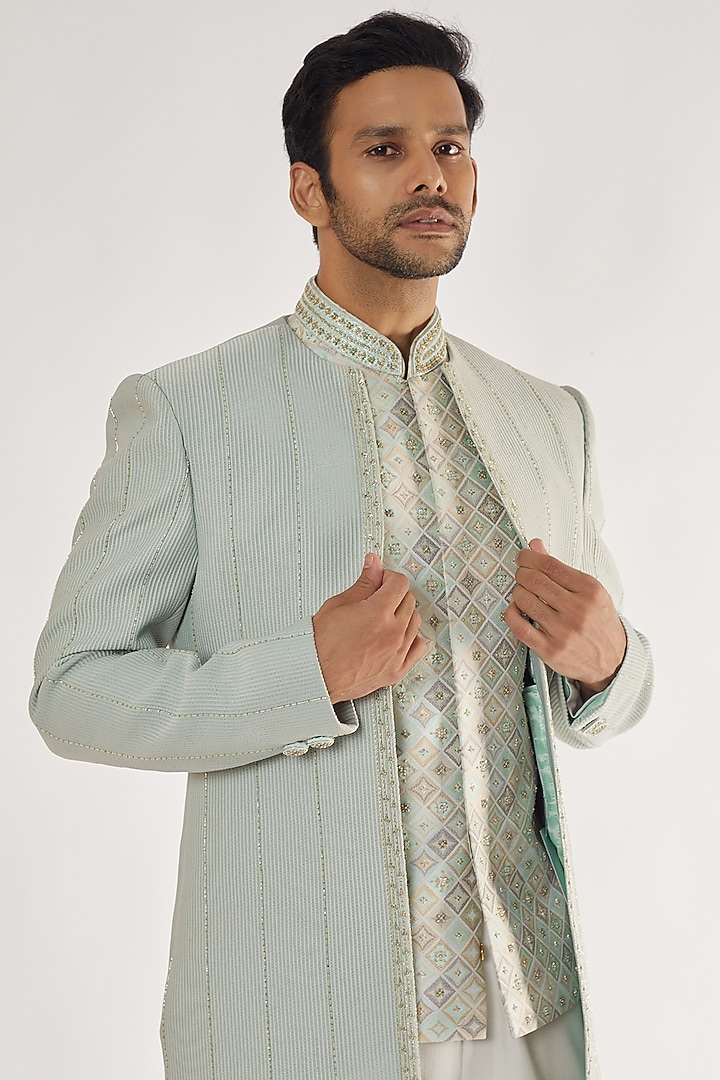 Green Blended Embroidered Wedding Indowestern Set by AVEGA at Pernia's Pop Up Shop