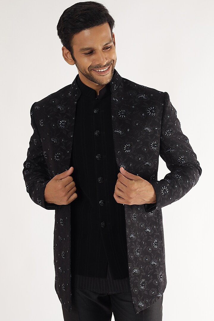 Black Jacquard Hand Embroidered Jodhpuri Set by AVEGA at Pernia's Pop Up Shop