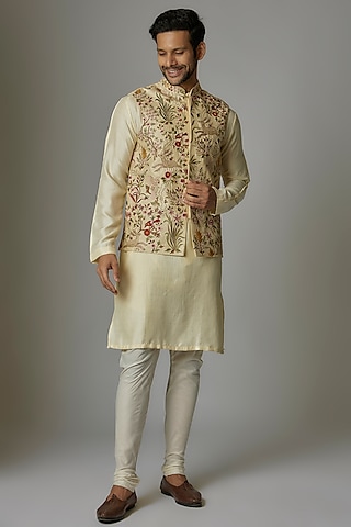 Cream Nysa Silk Embroidered Bundi Jacket Set by AVEGA