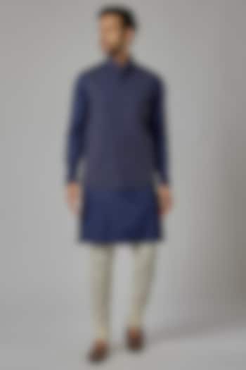 Navy Blue Silk Embroidered Bundi Jacket Set by AVEGA
