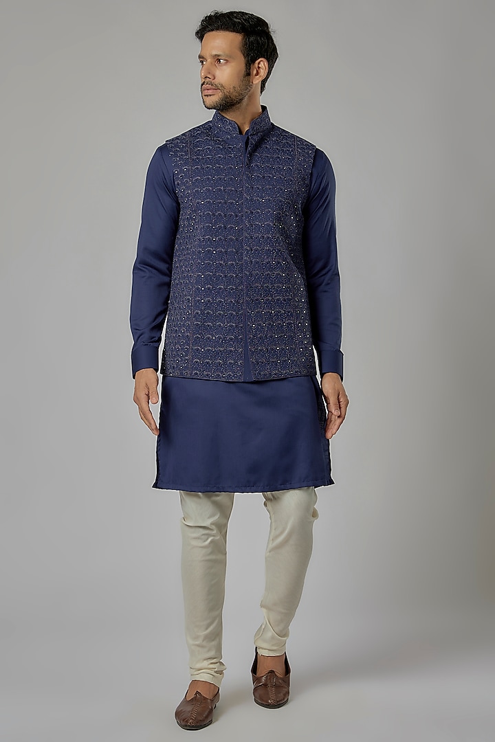 Navy Blue Silk Embroidered Bundi Jacket Set by AVEGA at Pernia's Pop Up Shop