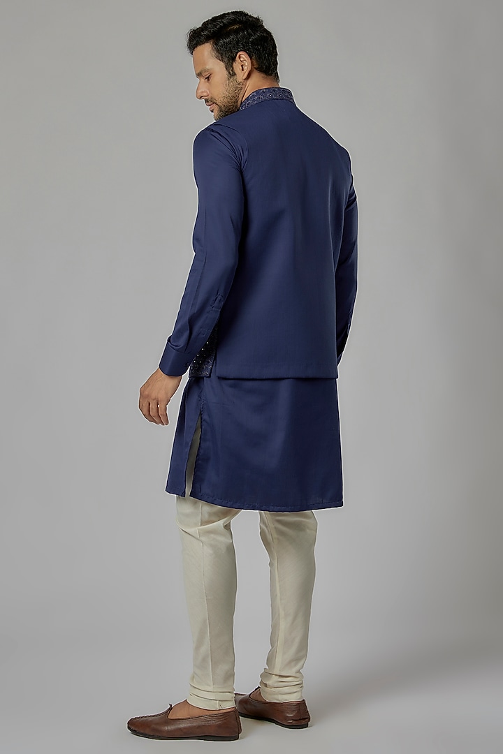 Navy Blue Silk Embroidered Bundi Jacket Set by AVEGA at Pernia's Pop Up Shop