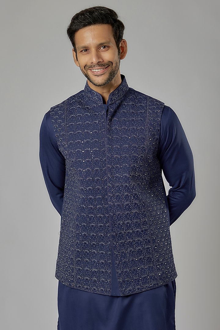 Navy Blue Silk Embroidered Bundi Jacket Set by AVEGA at Pernia's Pop Up Shop