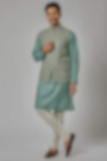 Light Sea Green Cotton Linen Embroidered Bundi Jacket Set by AVEGA at Pernia's Pop Up Shop