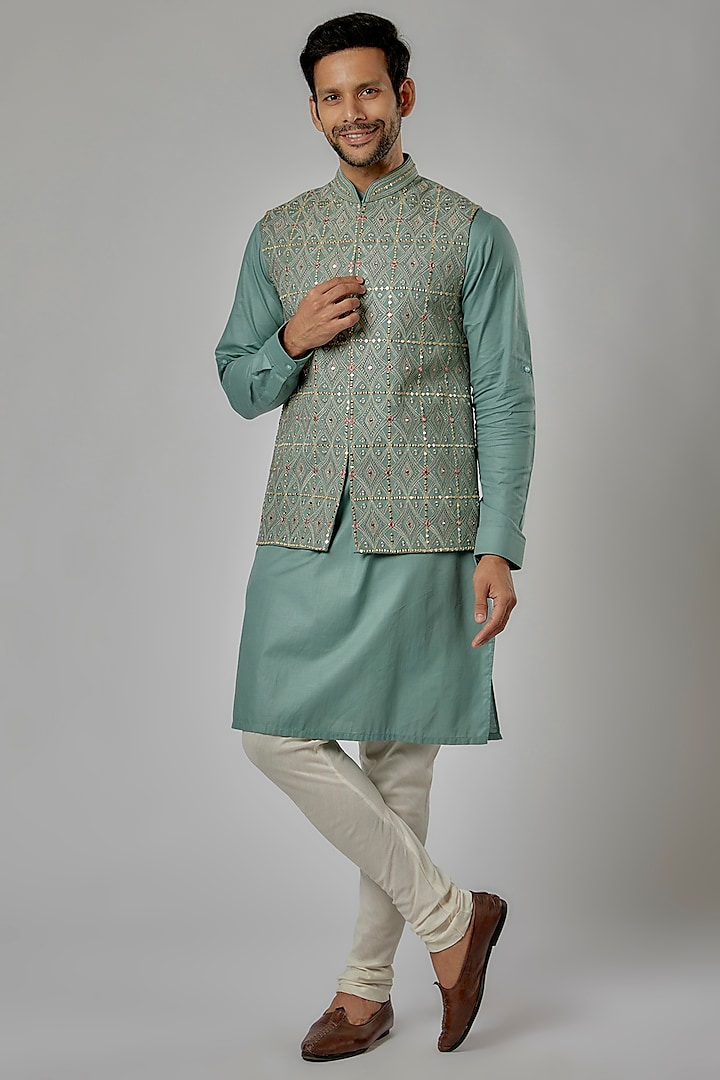 Light Sea Green Cotton Linen Embroidered Bundi Jacket Set by AVEGA