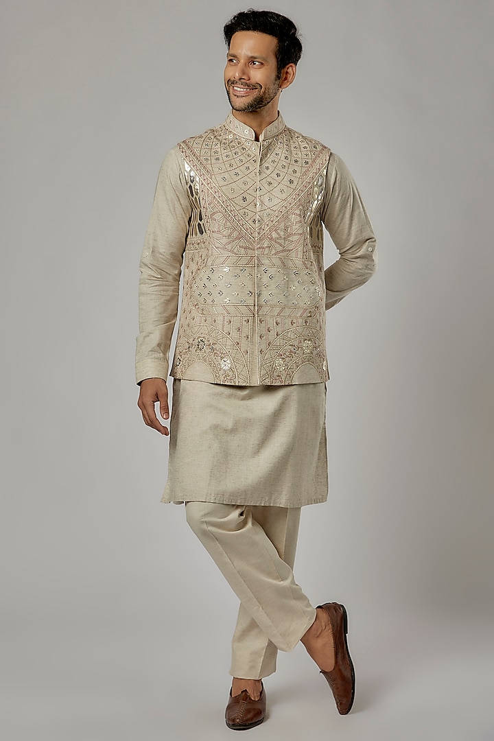 Ivory Cotton Linen Embroidered Bundi Jacket Set by AVEGA
