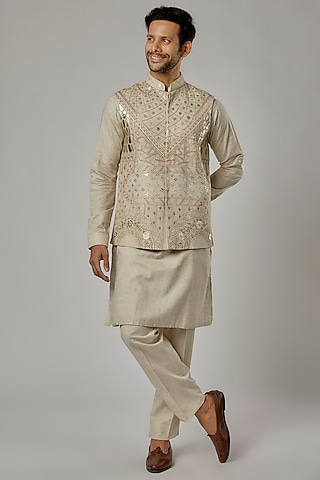 Ivory Cotton Linen Embroidered Bundi Jacket Set by AVEGA