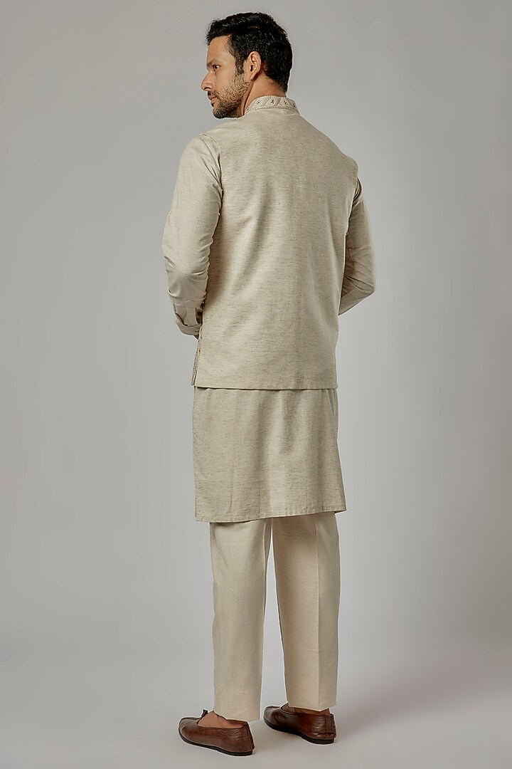 Ivory Cotton Linen Embroidered Bundi Jacket Set by AVEGA at Pernia's Pop Up Shop
