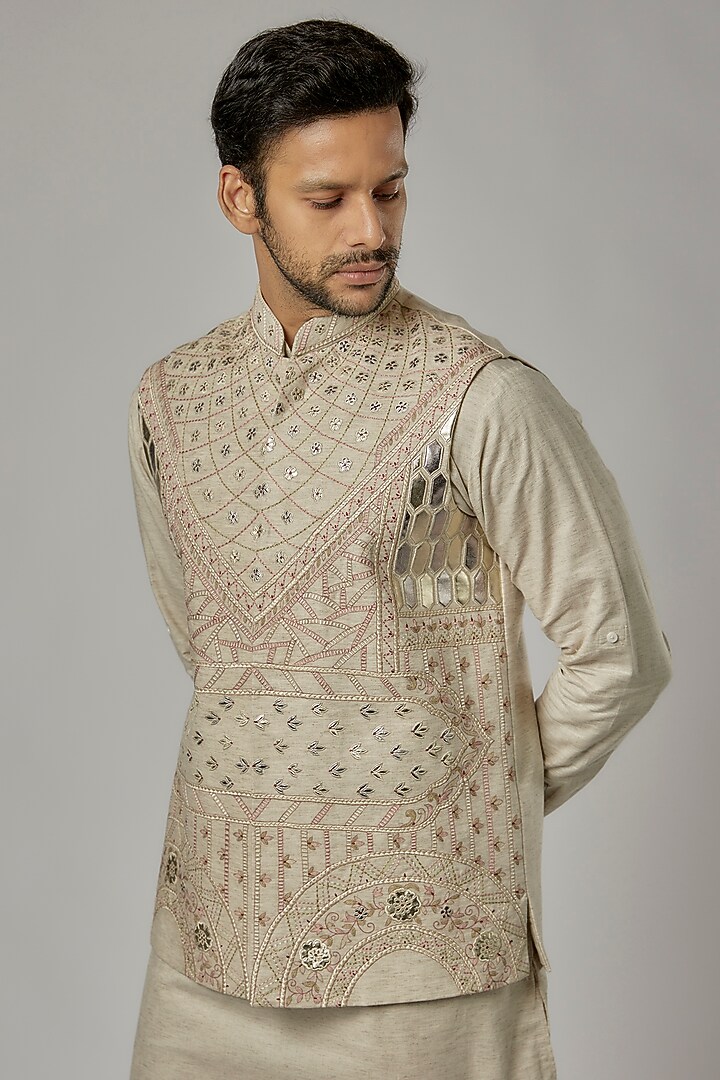 Ivory Cotton Linen Embroidered Bundi Jacket Set by AVEGA at Pernia's Pop Up Shop