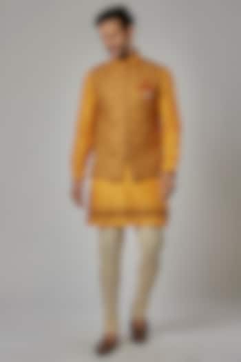 Yellow Linen Embroidered Bundi Jacket Set by AVEGA