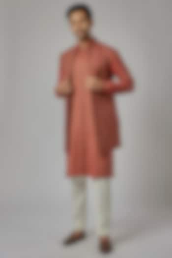 Orange Linen Embroidered Bundi Jacket Set by AVEGA