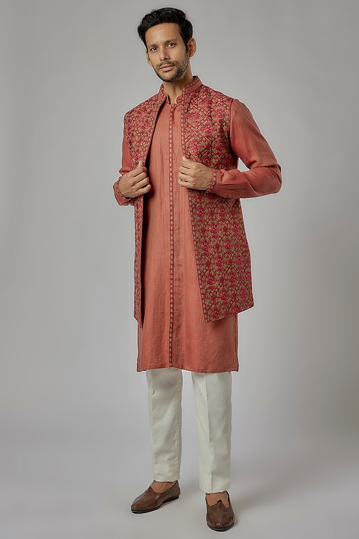 Orange Linen Embroidered Bundi Jacket Set by AVEGA