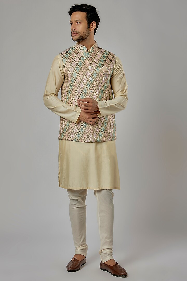 Cream Cotton Linen Embroidered Bundi Jacket Set by AVEGA
