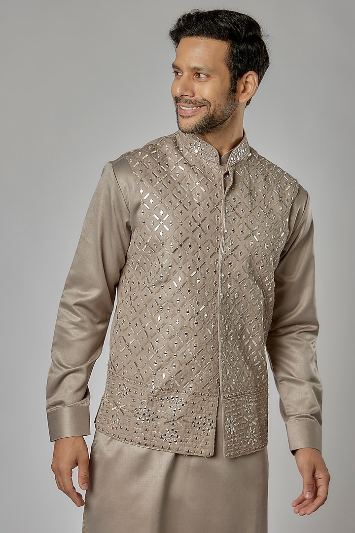 Grey Artificial Silk Embroidered Bundi Jacket Set by AVEGA at Pernia's Pop Up Shop