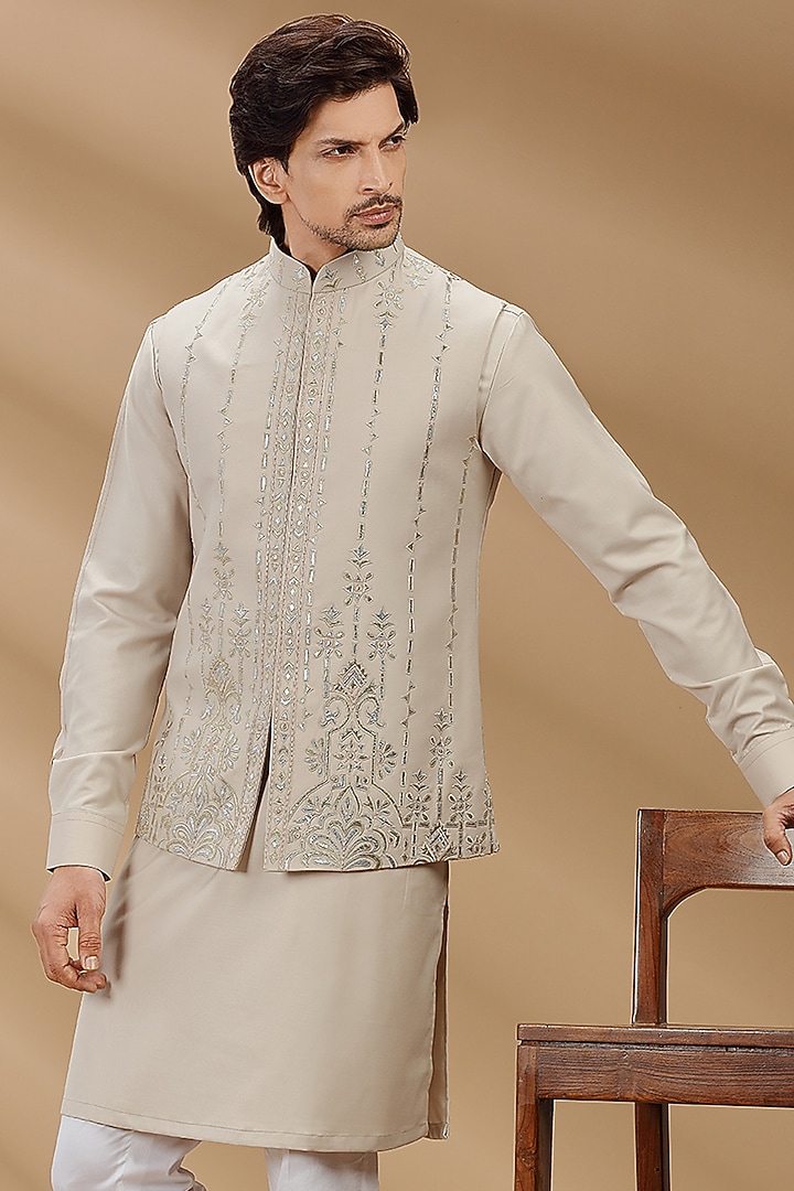 Beige Embroidered Bundi Jacket With Kurta Set by AVEGA at Pernia's Pop Up Shop