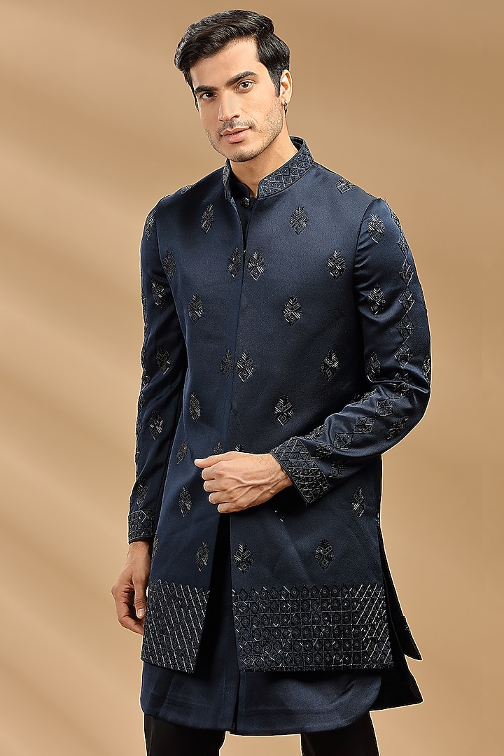 Navy Blue Embroidered Wedding Indowestern Set by AVEGA at Pernia's Pop Up Shop