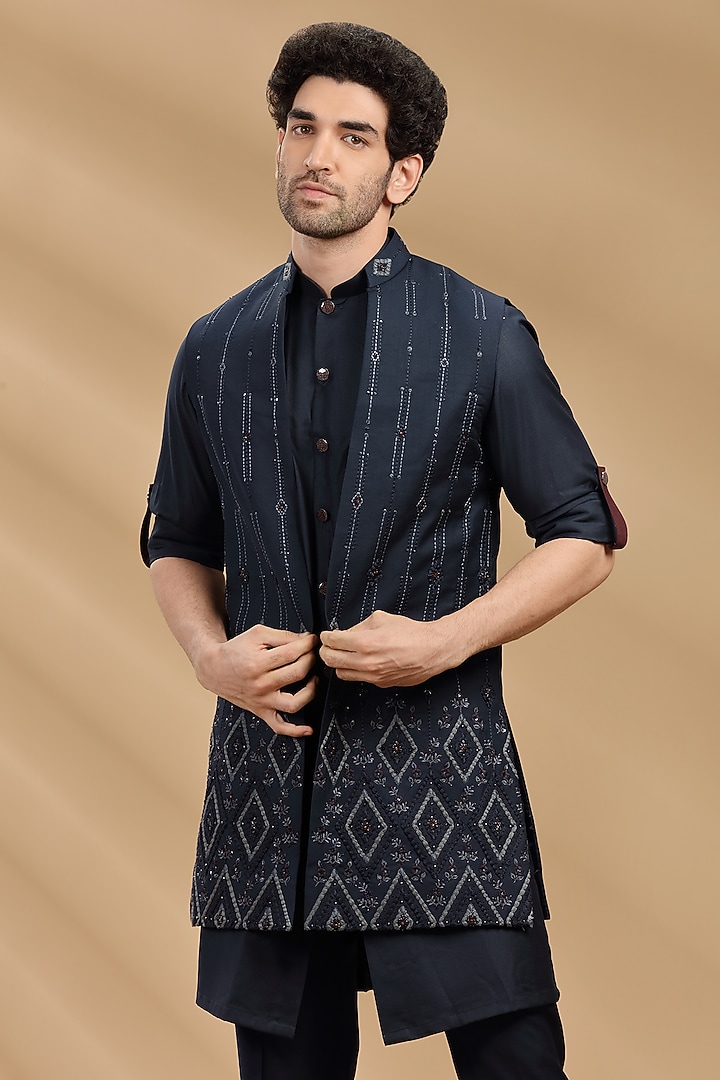 Navy Blue Embroidered Wedding Indowestern Set by AVEGA at Pernia's Pop Up Shop
