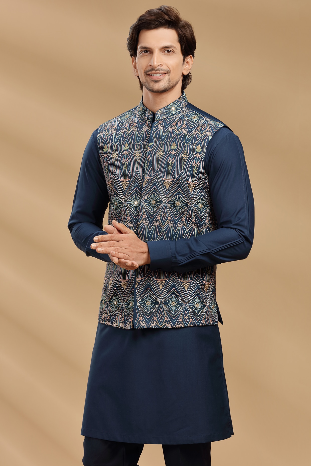 Buy Cobalt Blue Jacket Kurta Set In Silk With Threadwork And Sequins