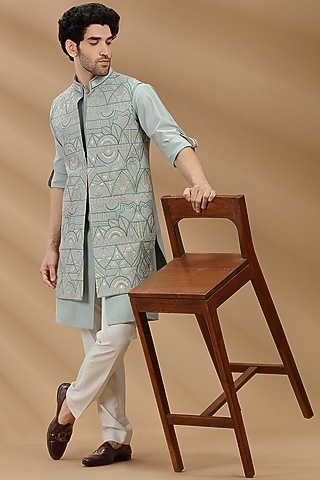 Pastel Mint Embroidered Indowestern Set by AVEGA
