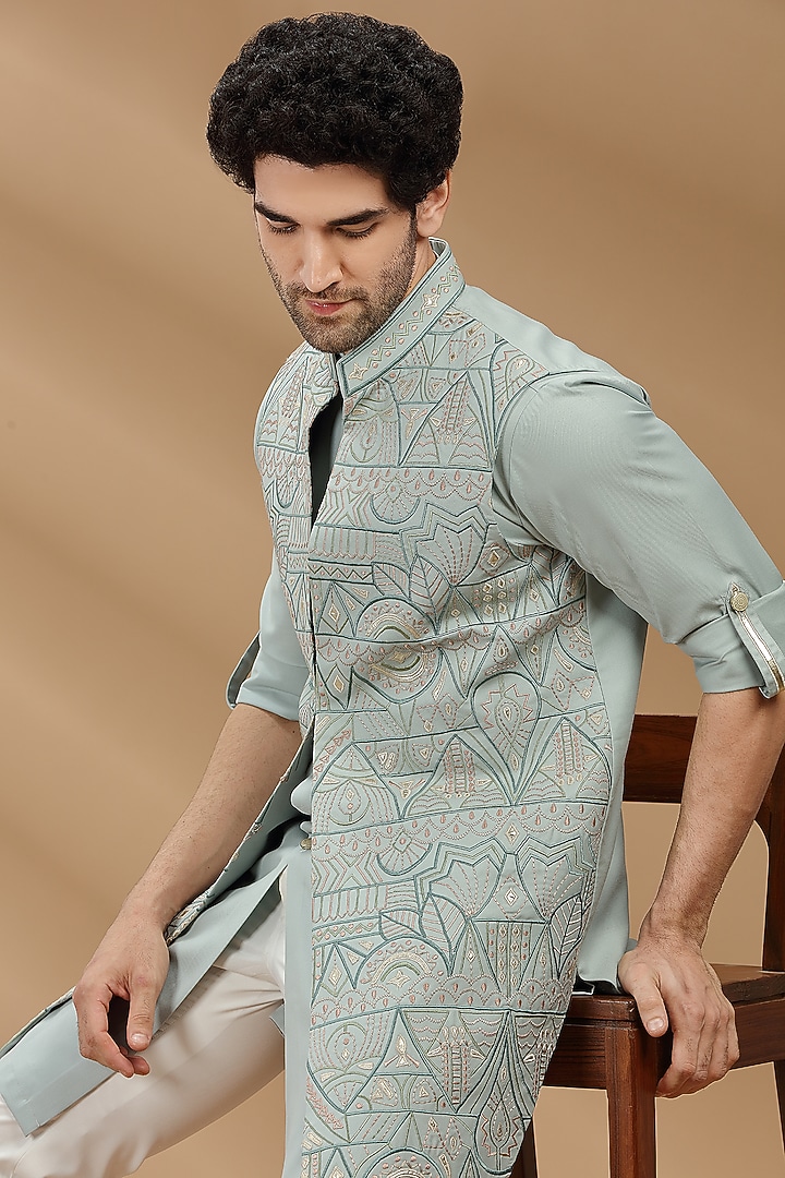 Pastel Mint Embroidered Wedding Indowestern Set by AVEGA at Pernia's Pop Up Shop