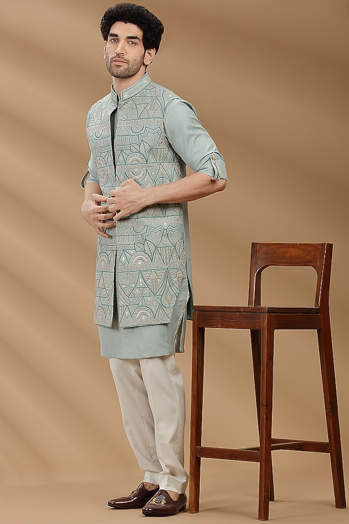 Pastel Mint Embroidered Wedding Indowestern Set by AVEGA at Pernia's Pop Up Shop