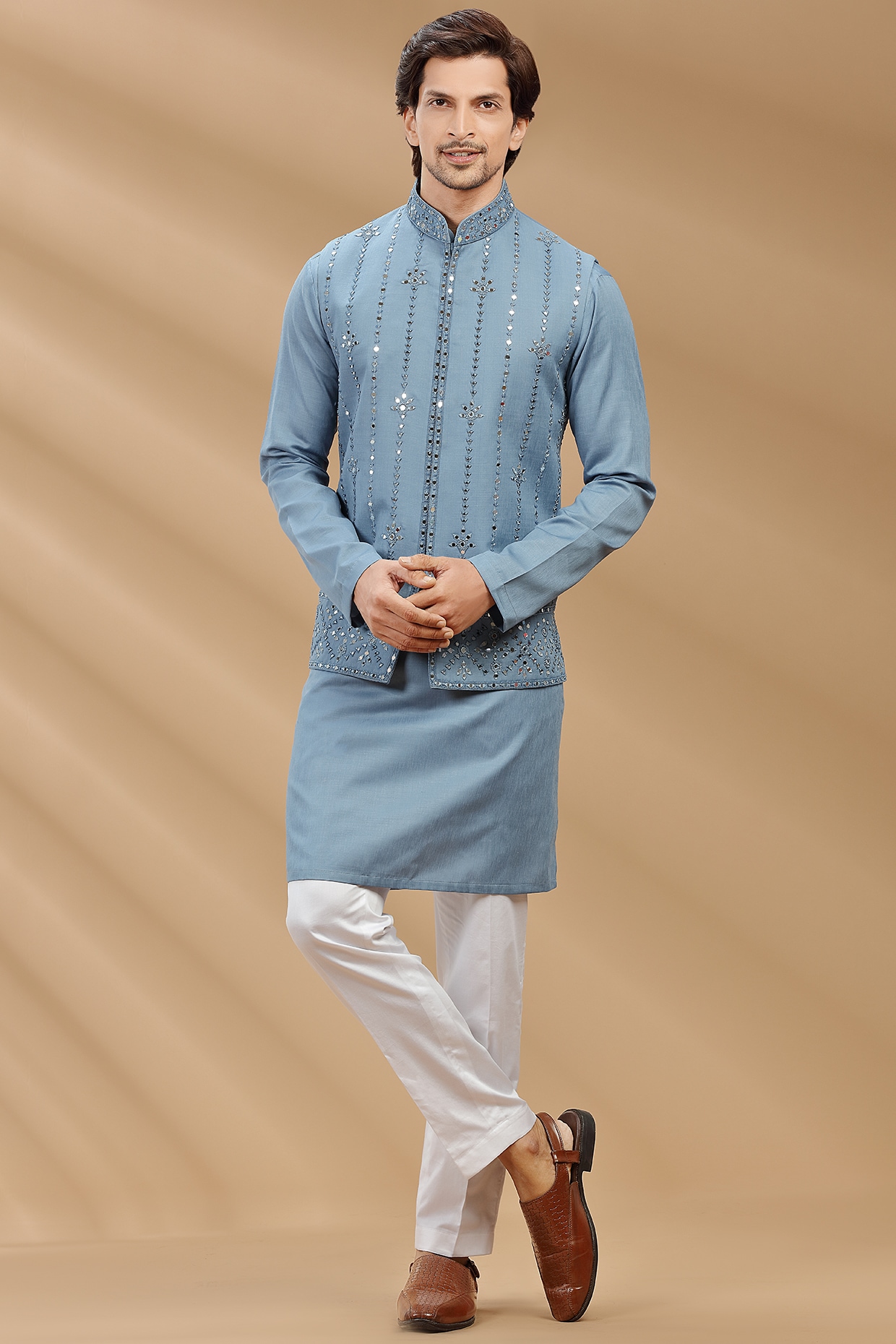 Buy Light Cream Self Chequered Indo Western Set Online in the USA @Manyavar  - Suit Set for Men