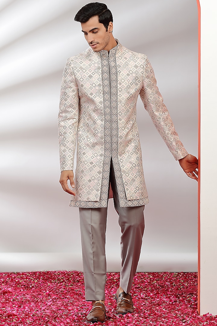 Grey & Pink Embroidered Indowestern Set by AVEGA