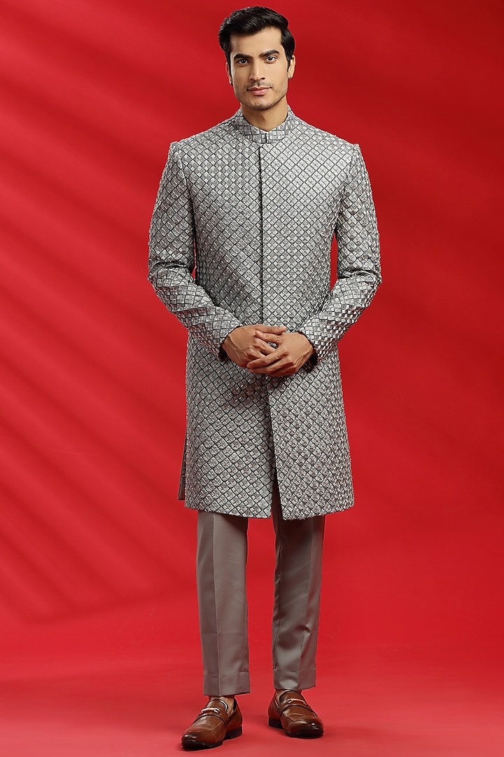 Grey Embroidered Indowestern Set by AVEGA