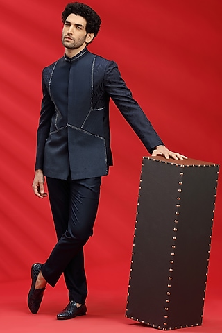 Navy Blue Jacquard Bandhgala Set by AVEGA