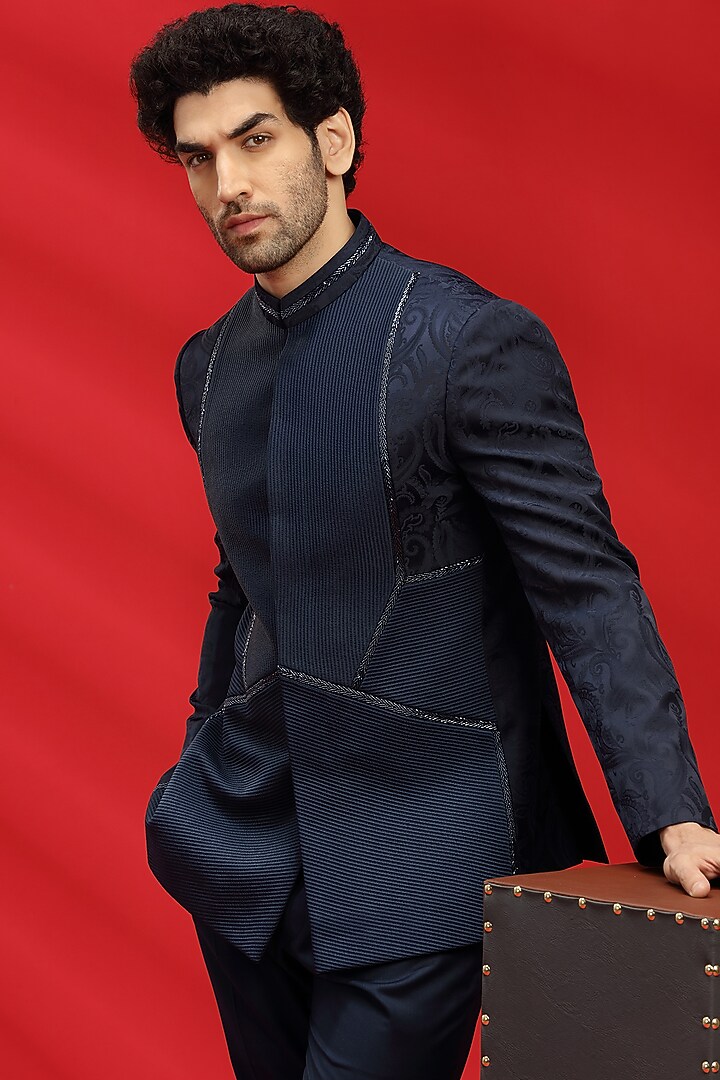 Navy Blue Jacquard Bandhgala Set by AVEGA at Pernia's Pop Up Shop