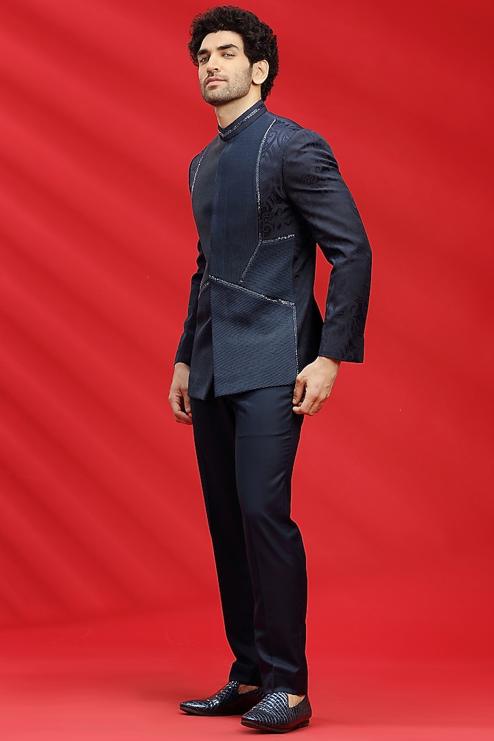 Navy Blue Jacquard Bandhgala Set by AVEGA at Pernia's Pop Up Shop