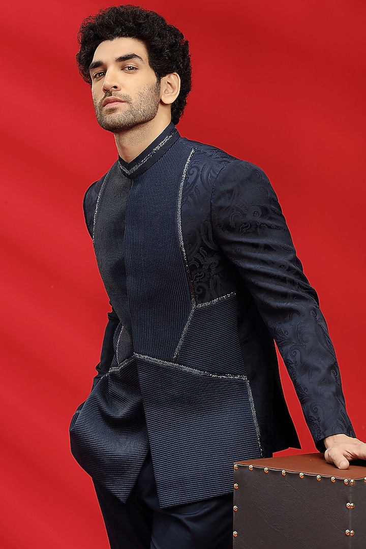 Navy Blue Jacquard Bandhgala Set by AVEGA at Pernia's Pop Up Shop