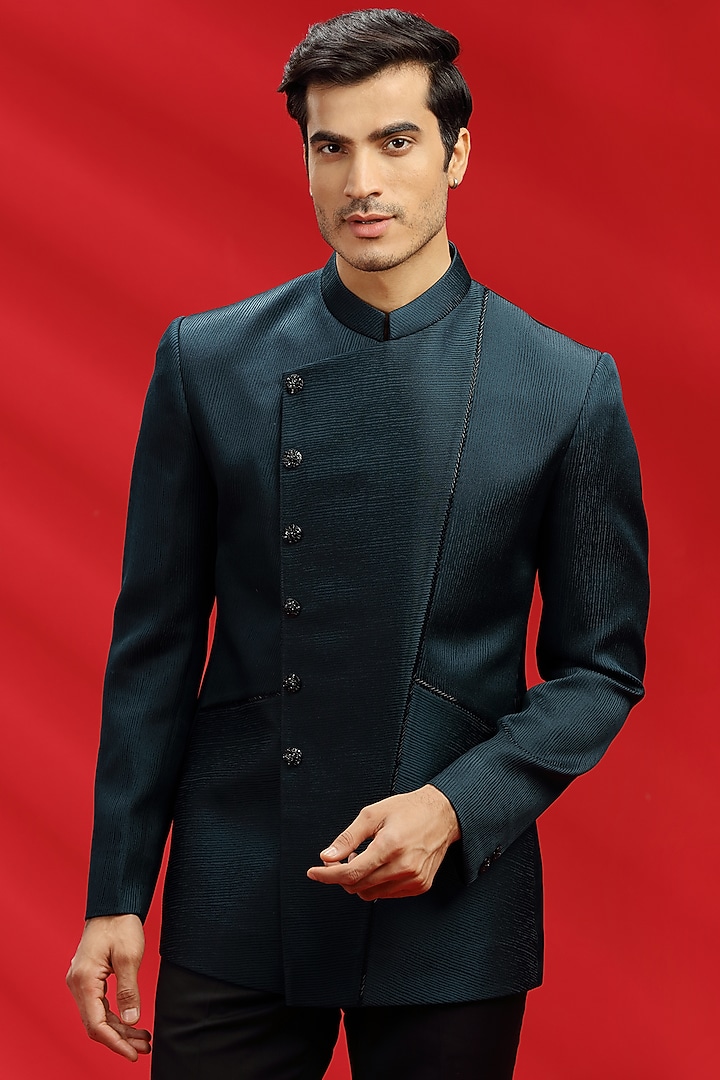 Bottle Green Jacquard Bandhgala Set by AVEGA at Pernia's Pop Up Shop