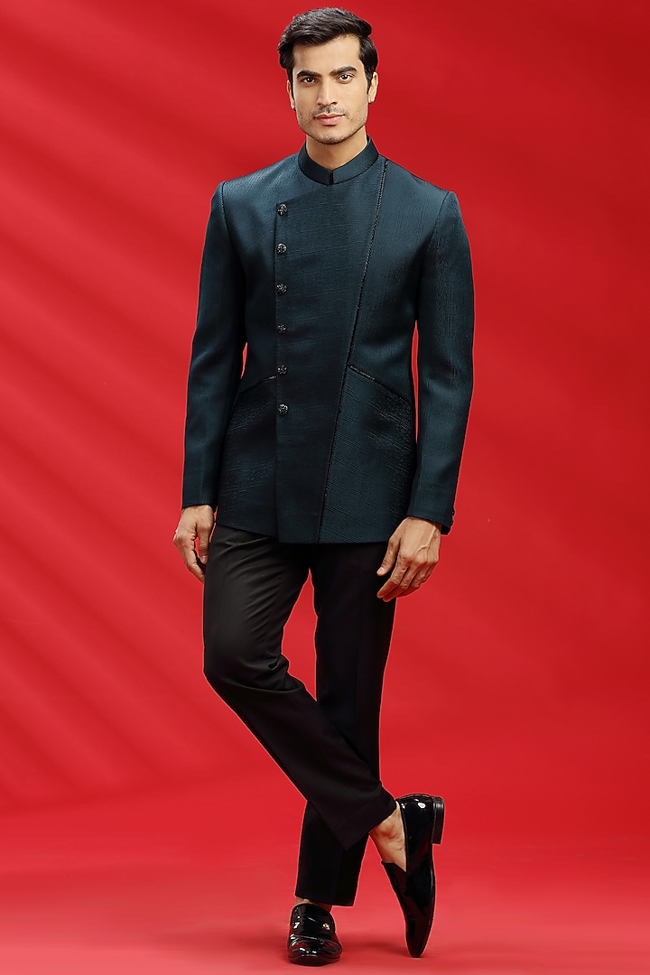 Bottle Green Jacquard Bandhgala Set by AVEGA at Pernia's Pop Up Shop