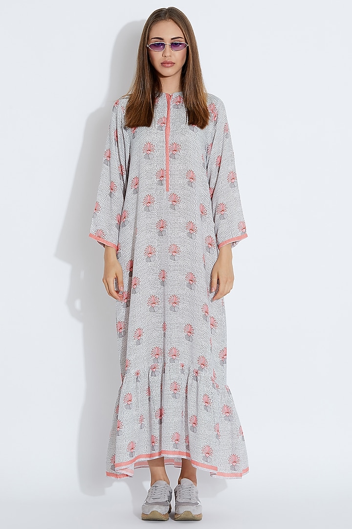 White Printed Long Silk Cocktail Dress by Aartivijay Gupta at Pernia's Pop Up Shop
