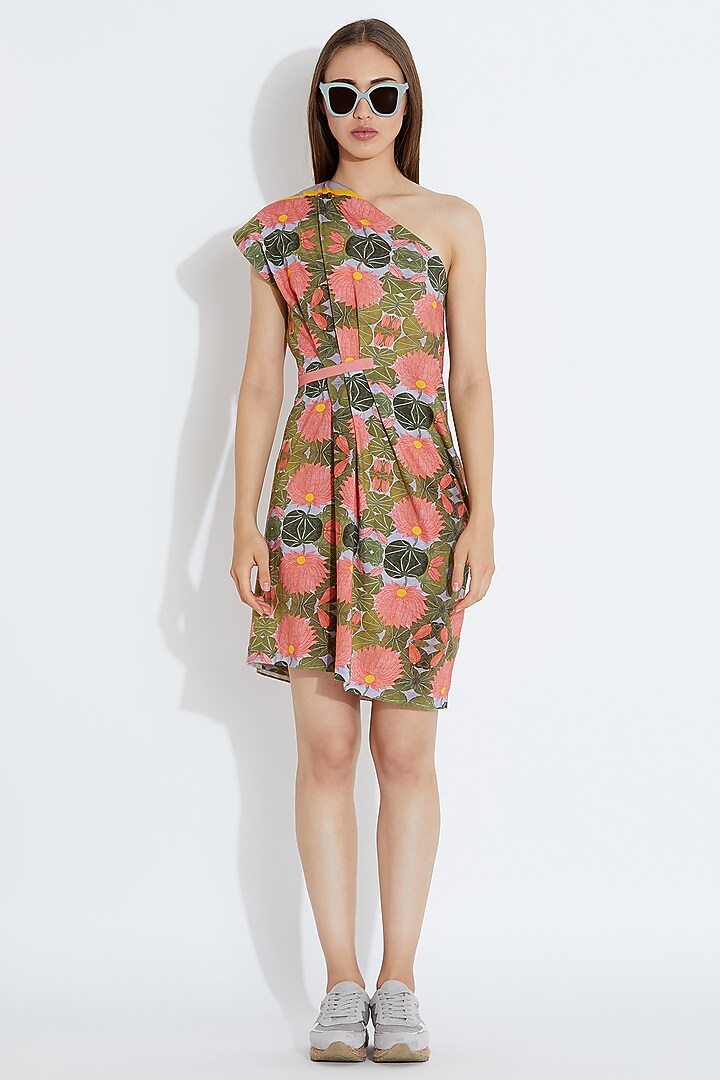 Pink & Green One Shoulder Printed Cocktail Dress by Aartivijay Gupta at Pernia's Pop Up Shop