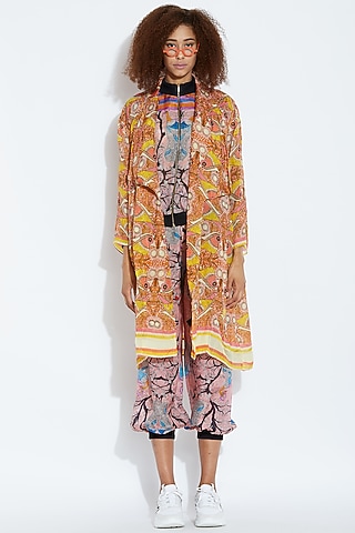 Orange Peacock Printed Jacket by Aartivijay Gupta