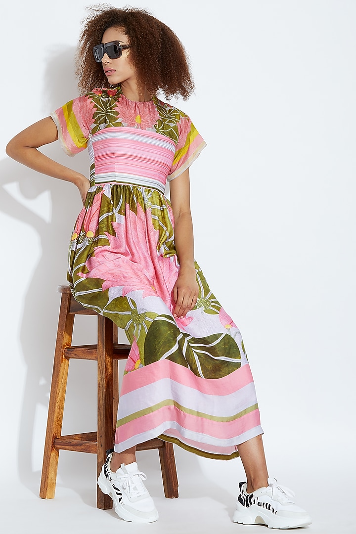 Pink & Green Printed Party Wear Dress by Aartivijay Gupta at Pernia's Pop Up Shop